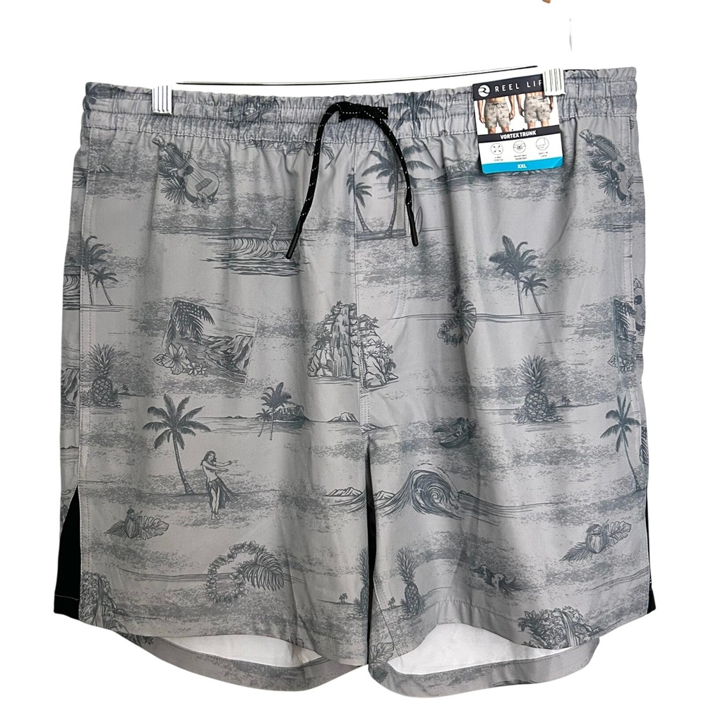 Reel Life Vortex Trunk Mens XXL Gray Tropical Print Swim Trunks Shorts